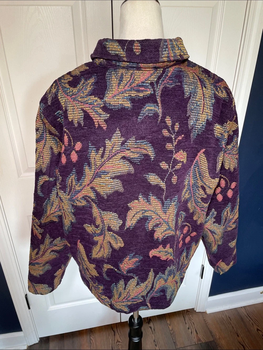 Vintage Robyne Faune Tapestry Jacket Purple Floral Leaf Brocade Knit Coat Sz XL